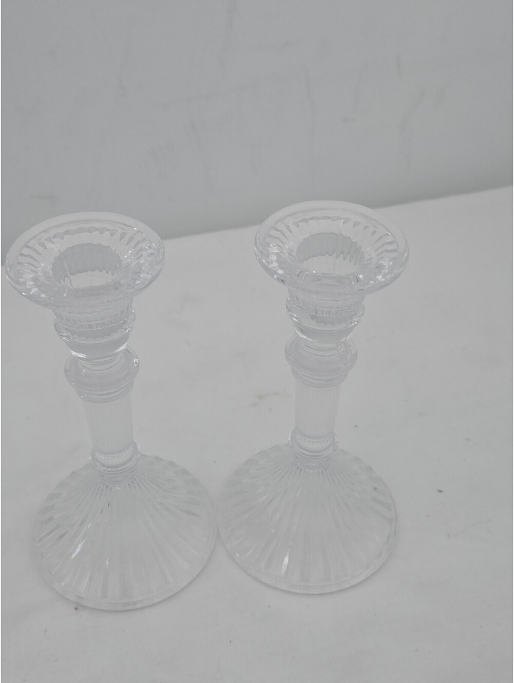 Pair Clear Glass Candlestick Holders Ribbed Fluted Pedestal Candle Holders